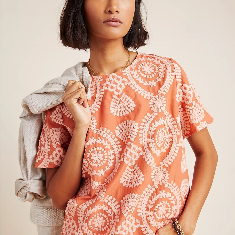Anthropologie Embroidered Coral Top